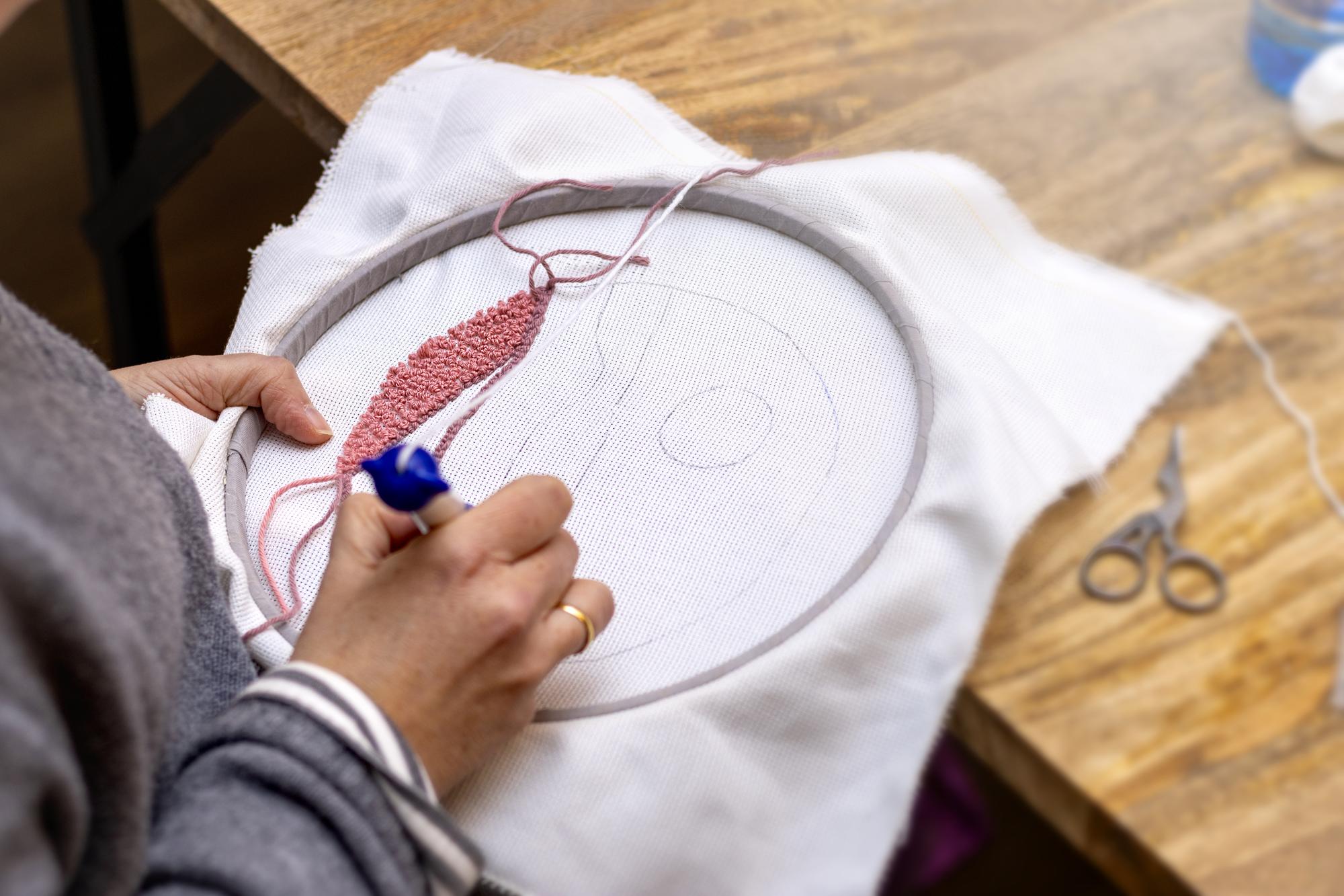 Close-up of artisan embroidery hoop with thread